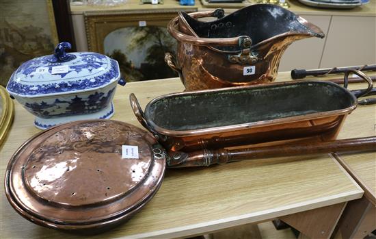 A Victorian copper warming pan, a brass spit jack, a Victorian copper coal helmet and a two handled pan (4)